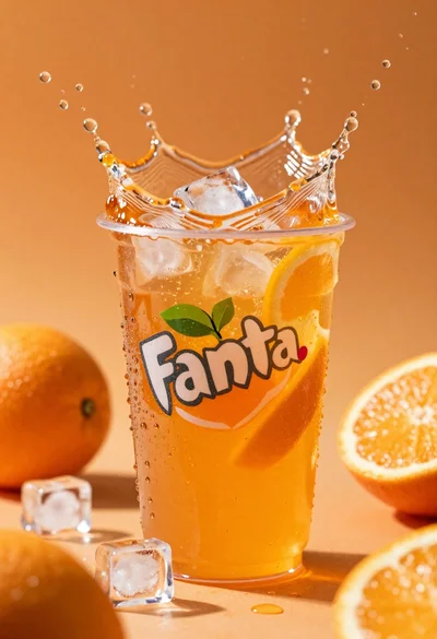 Closeup macro shot of a glass of orange soda splashing with ice