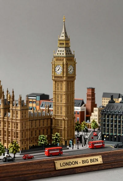 Photorealistic miniature diorama of london skyline with big ben clock tower