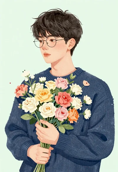 Young man with glasses holding flowers in watercolor illustration