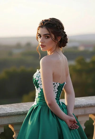 Young woman in emerald ballgown looking back over shoulder on stone balcony