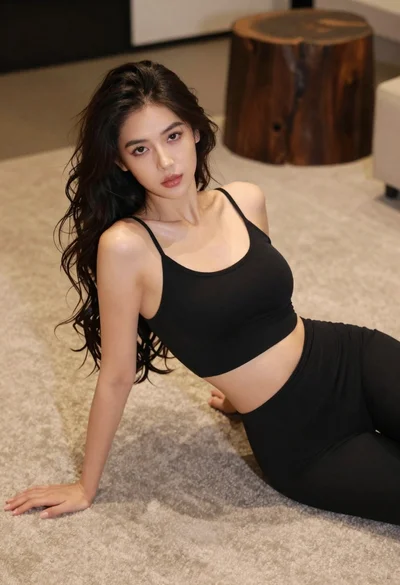 Woman with dark wavy hair posing indoors on light carpeted floor