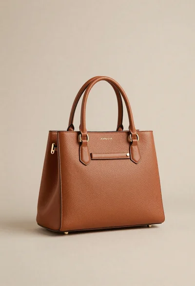 Sophisticated tan leather handbag product shot on reflective surface