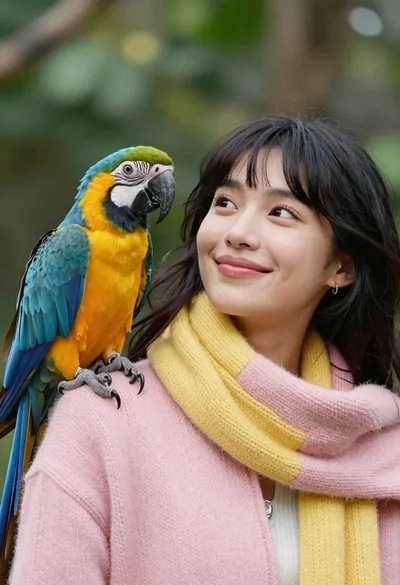 Closeup portrait of smiling woman with dark hair looking at blue macaw