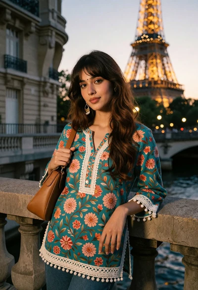 Young woman in teal tunic on paris bridge near glowing eiffel tower