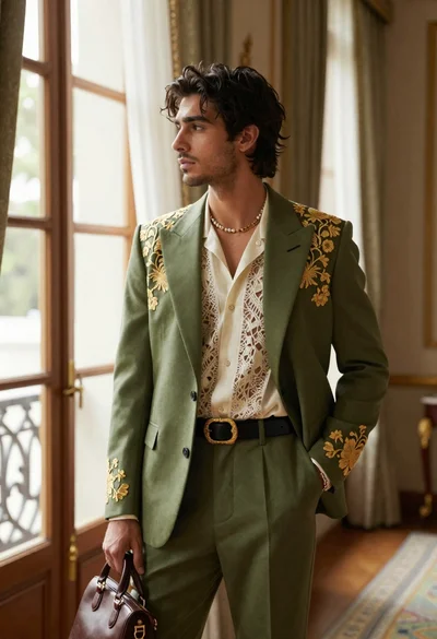 Handsome young man in embroidered suit standing in luxurious interior room