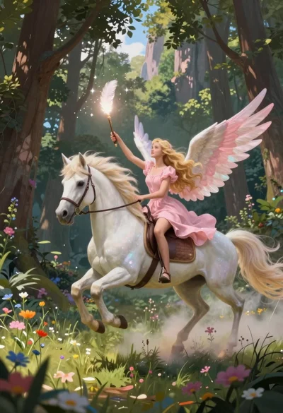 Winged girl riding unicorn in enchanted forest clearing