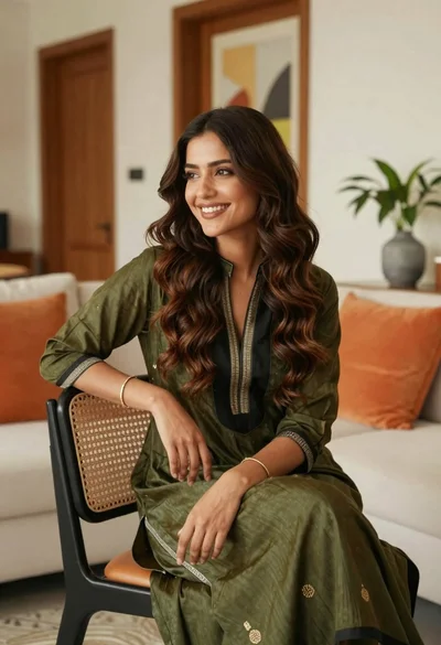 Smiling young woman with brown hair in modern living room setting