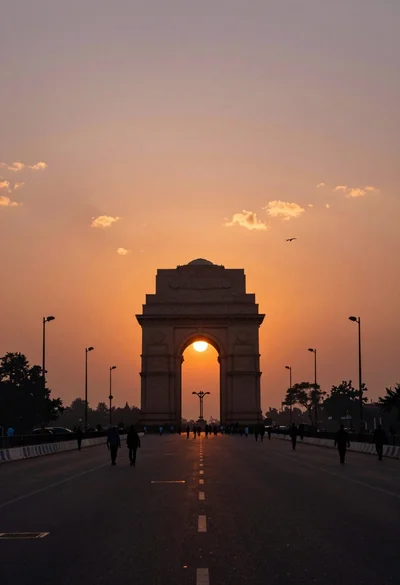 Silhouette of india gate monument at sunset viewed from a low angle