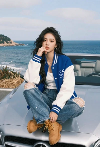 Asian woman on car hood overlooking turquoise coastline