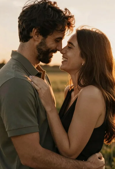 Romantic couple embracing in warm sunset light during golden hour