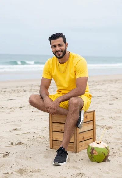 Man in yellow shirt sitting on crate at sandy beach under overcast