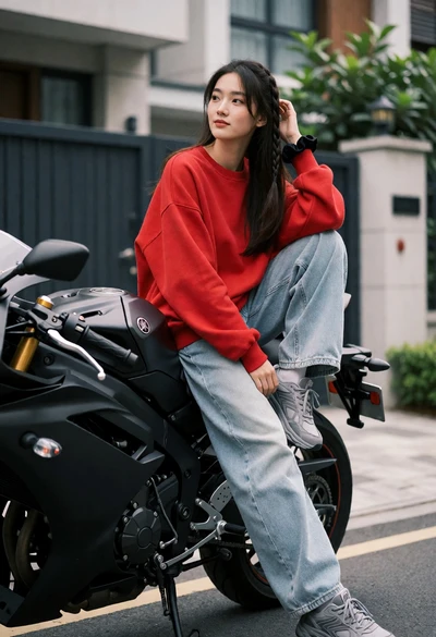 Young woman sitting sideways on a black motorcycle in an urban driveway