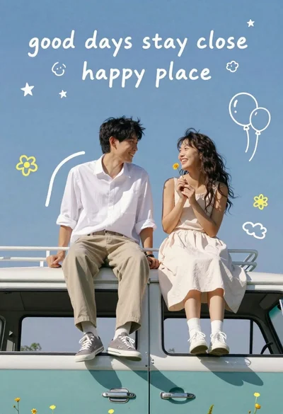Happy couple sitting on roof of teal vintage van under blue sky