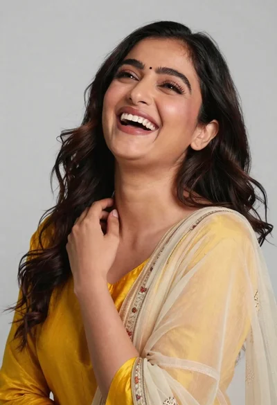Joyful portrait of woman laughing in yellow top against grey studio background