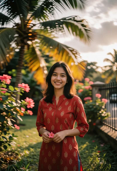 Young woman in red tunic dress smiling in sundrenched garden setting