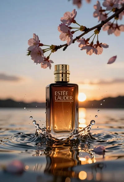 Luxurious amber perfume bottle submerged in water under sunset cherry blossoms
