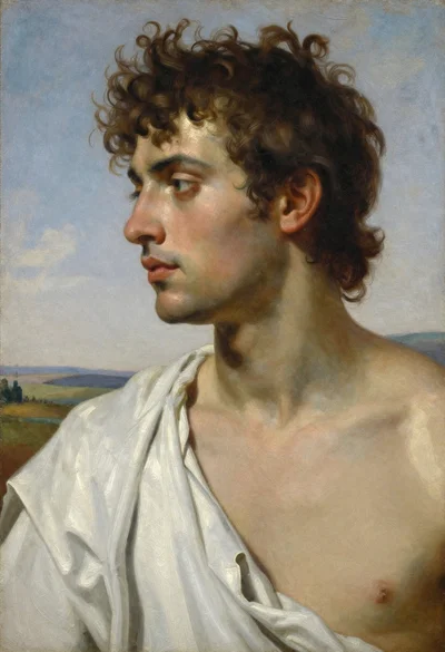 Oil painting portrait of young man in white fabric