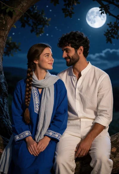 Romantic portrait of couple on tree branch under full moon night sky