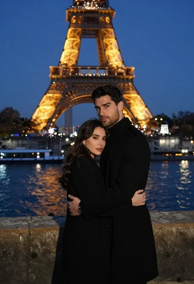 Couple in black coats embracing in front of eiffel tower at twilight