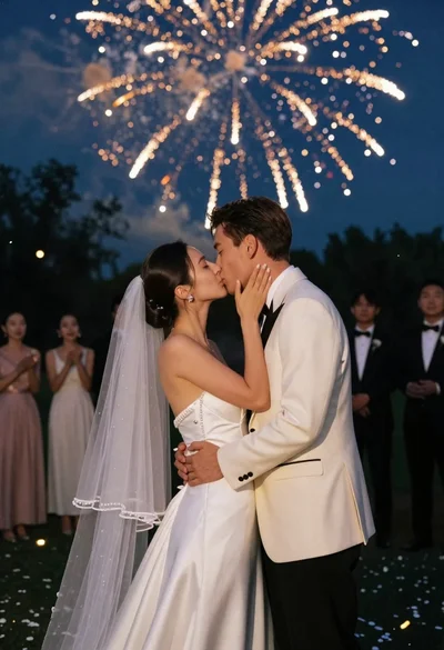 Bride and groom kissing under fireworks in a dark garden at night