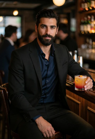 Handsome man in black suit holding cocktail at dimly lit bar lounge
