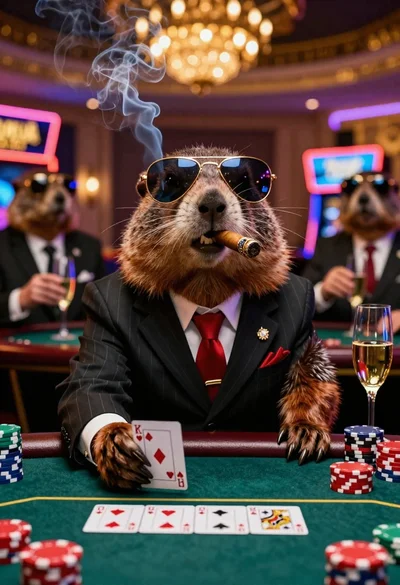 Groundhog in suit playing cards at casino table