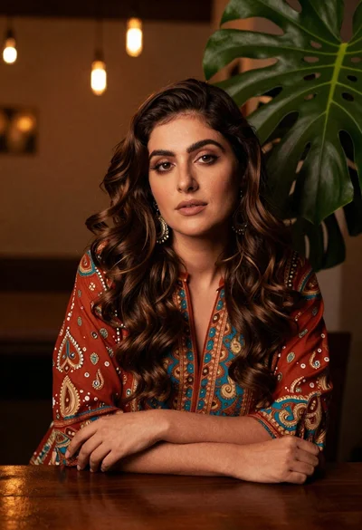 Woman with wavy brown hair in patterned tunic leaning on wooden table