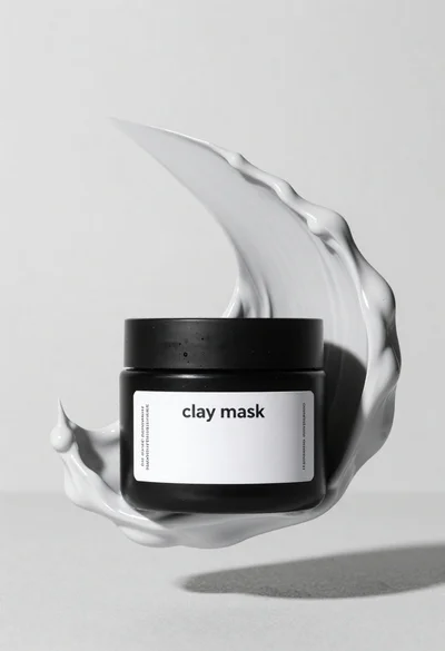 Black jar of clay mask with swirling white cream