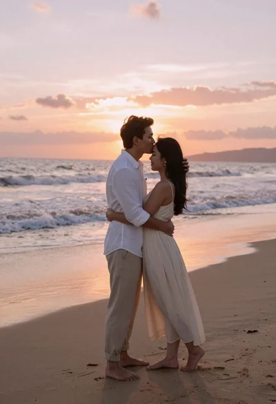 Romantic couple embracing on a sandy beach during sunset golden hour