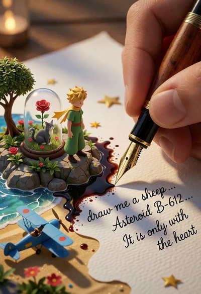 Macro photograph of pen writing transforming paper into little prince landscape
