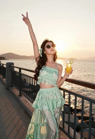 Young woman in mint green outfit holding cocktail on seaside promenade