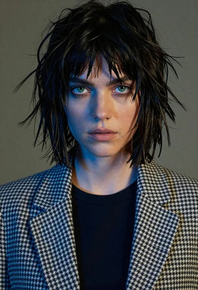 Close up portrait of woman with black hair wearing houndstooth blazer