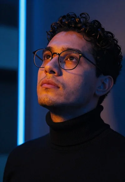 Close up portrait of man looking upward in urban neon light