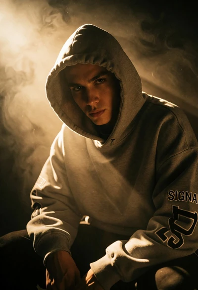 Hooded figure in grey sweatshirt lit by dramatic golden backlighting haze