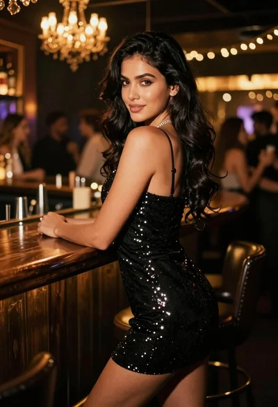 Glamorous woman in black sequin dress leaning on bar counter at nightclub