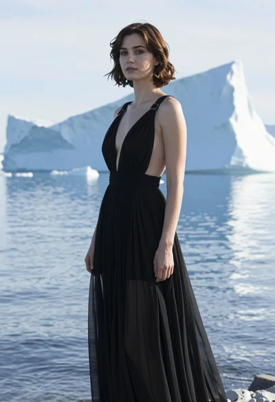 Woman in black sheer gown standing by arctic icebergs and blue water