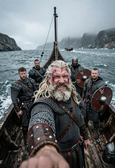 Viking warrior taking selfie on stormy sea longship