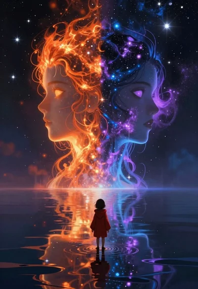 Cosmic spirit standing in water viewed by small child