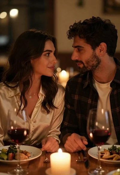 Intimate close up of couple sharing dinner at candlelit restaurant table