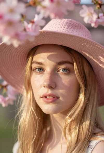 Portrait of woman in pink hat with cherry blossoms