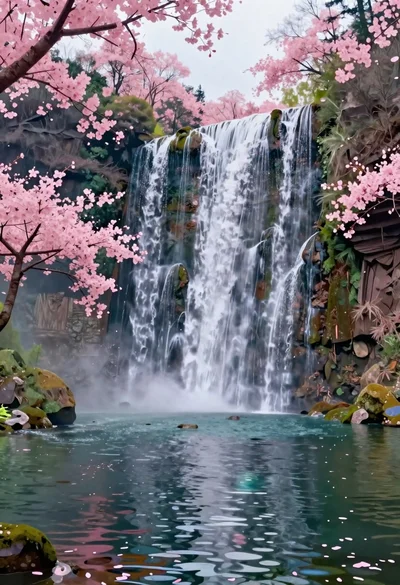 Waterfall landscape with pink cherry blossoms and greenery