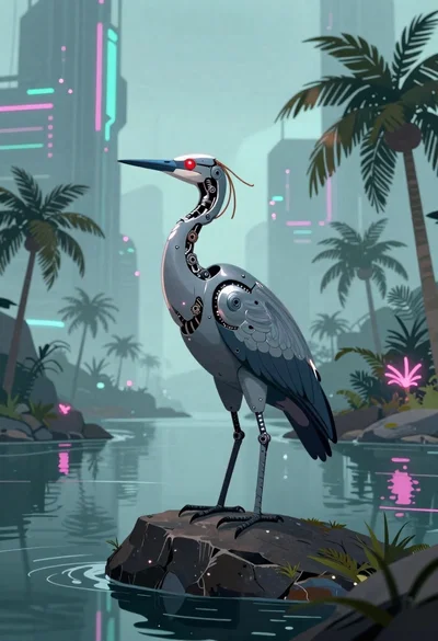 Biomechanical bird on rock near cyberpunk skyscrapers