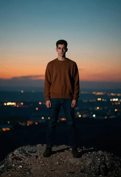 Young man in brown sweater on rocky outcrop overlooking twilight city
