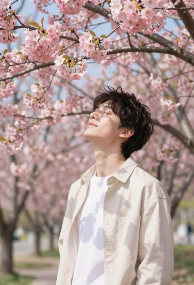 Young man in white shirt standing under pink cherry blossom canopy at