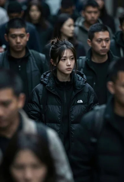 Young woman in black puffer jacket standing alone in a crowded street