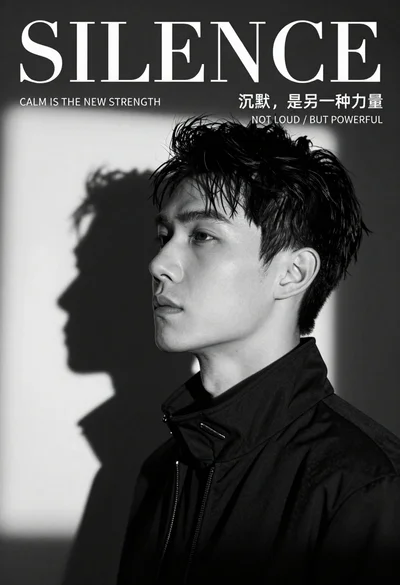 Black and white portrait of young asian man looking away from camera