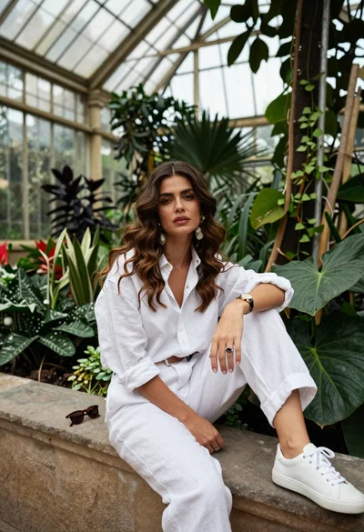 Woman in white linen shirt sitting on stone ledge inside glass greenhouse