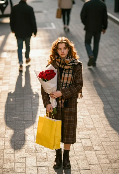 Young woman with reddish hair on paved street holding roses and yellow