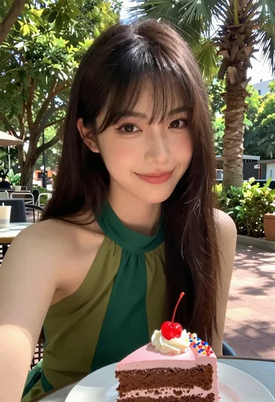 Close up selfie of young woman with cake at outdoor patio table