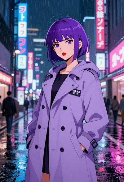Anime girl in neon lit rainy tokyo street